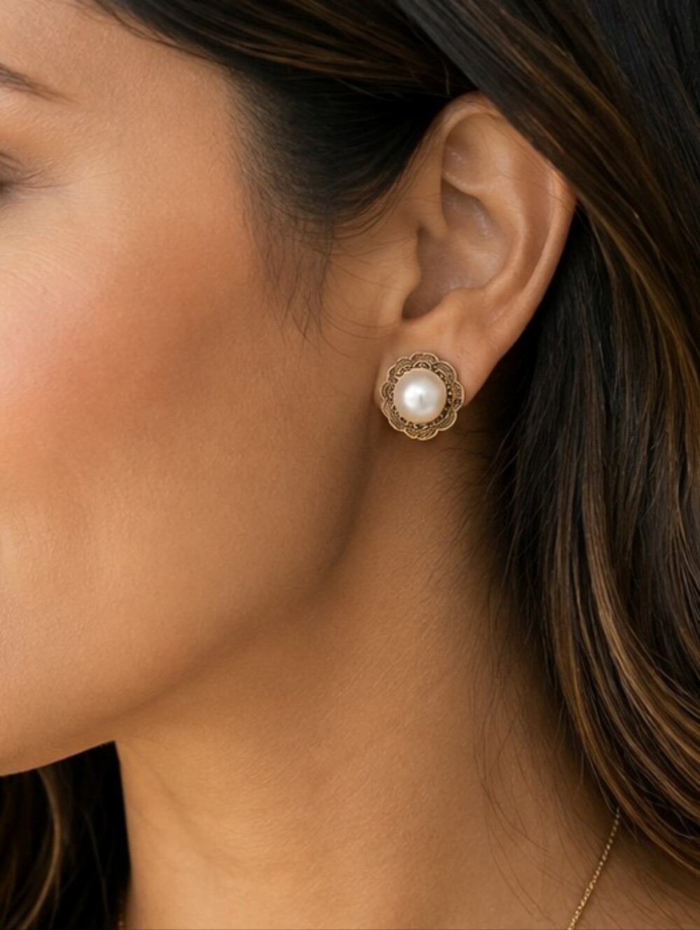 Coro Gold Filigree Pearl Stud Earrings